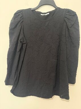Chicos Black Top, Puff Sleeves, Embroidery in Front Size 1 (8)